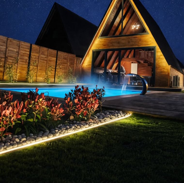 Gece aydınlatmasıyla bungalov ve havuz